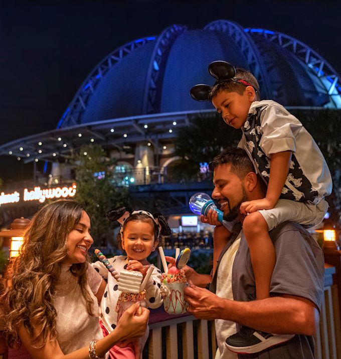 Family outside Planet Hollywood at night
