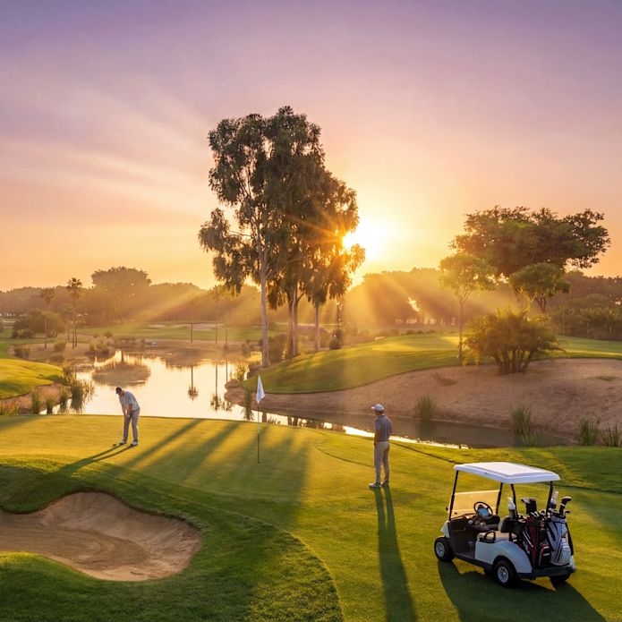 Oameni care se joacă într-un teren de golf cu nisip și caracteristici de apă la apus