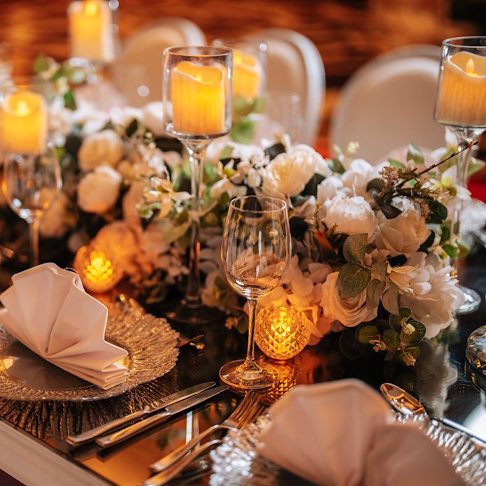table set for dinner, decorated with candles and flowers