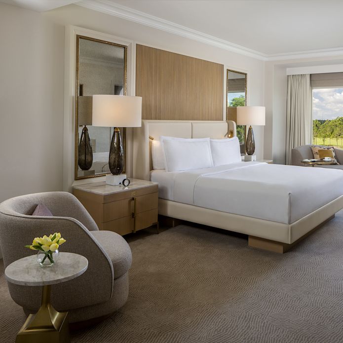 Grand lit. Espace salon et canapé dans une chambre avec vue