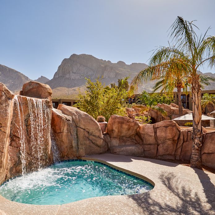 Cold Plunge Pool with a Cascade, Palm Tree and Mountains in Background