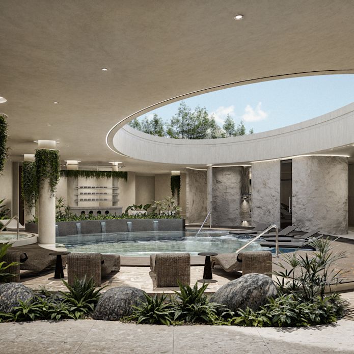 Water garden with indoor pool, rocks and bushes