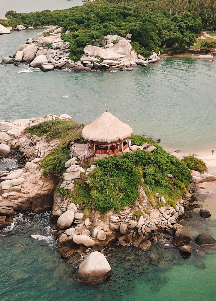 Shot of bay with pagoda on rocks