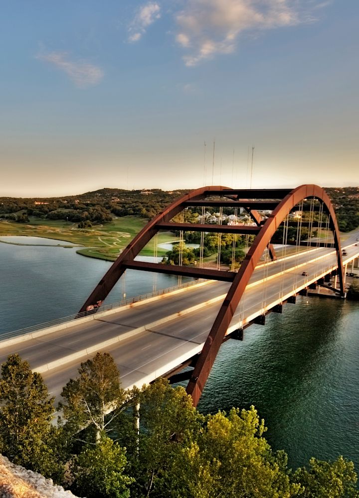 Pennybacker Bridge also known as 360 Bridge, spanning Lake Austin at dawn
