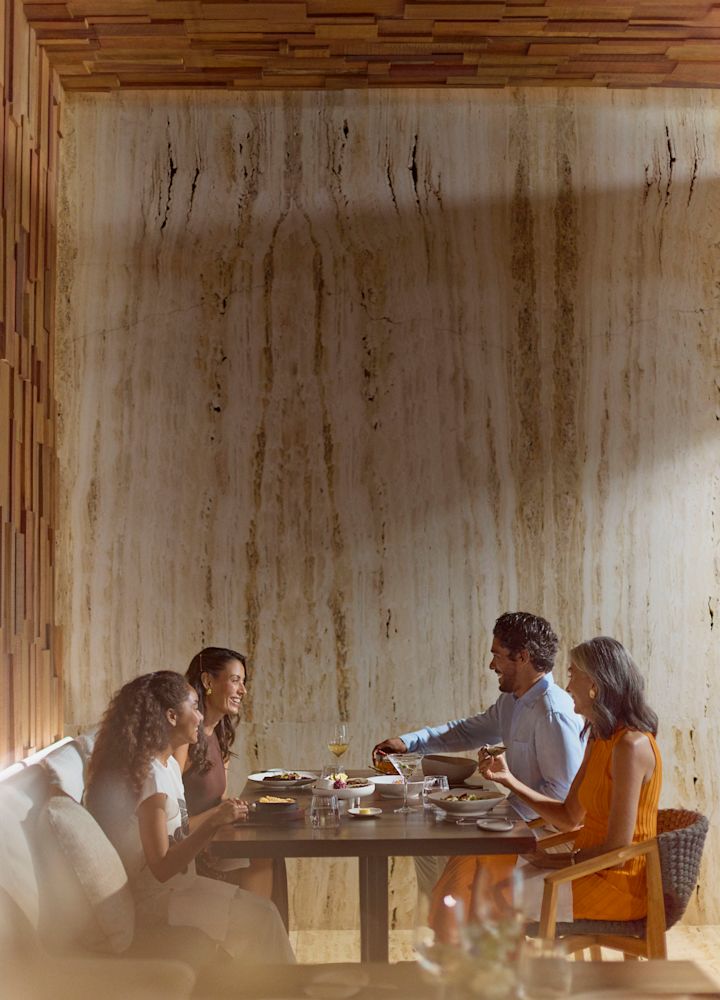 Madre, padre, hija y abuela disfrutando de una cena juntos