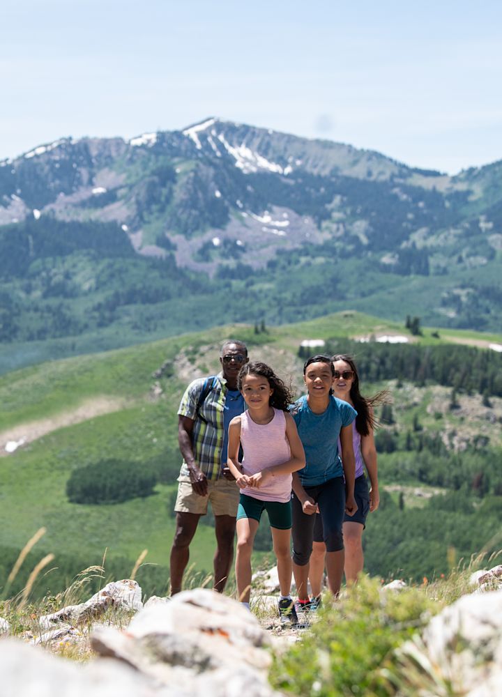 Family Climbing a Mountain on a Sunny Day
