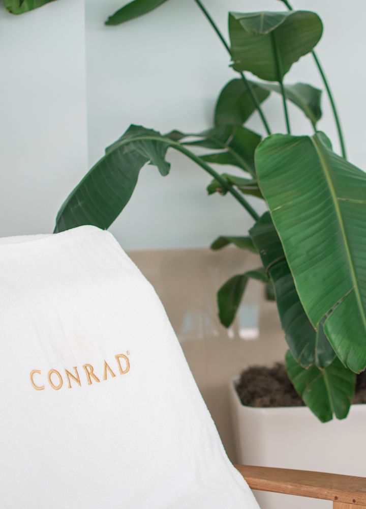Detail of a Plan and a Conrad Pillow on a Chair at the Spa