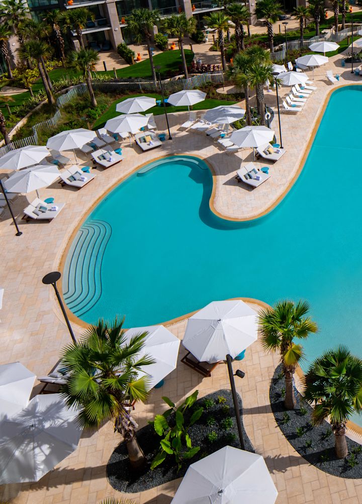 vista aerea della piscina del resort, palme, ombrelloni