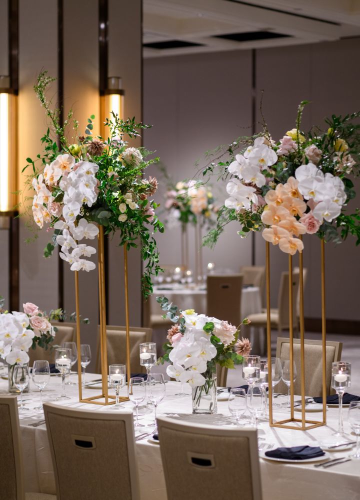 Meeting room detail, with flower and glasses on table