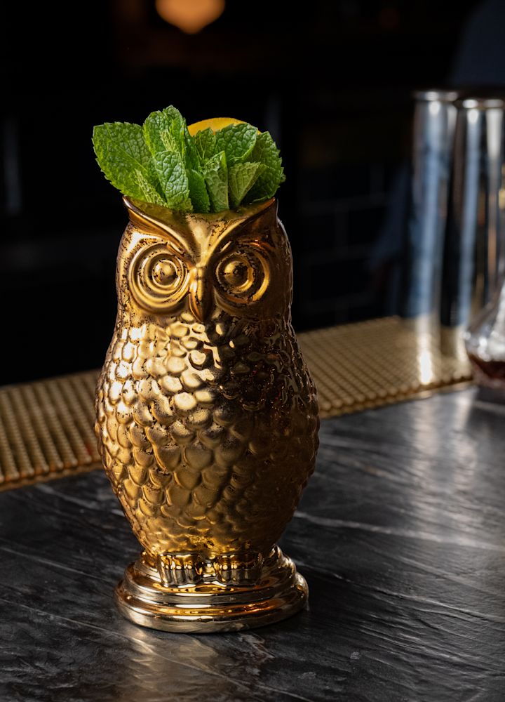 Bronze owl bar, owl glass