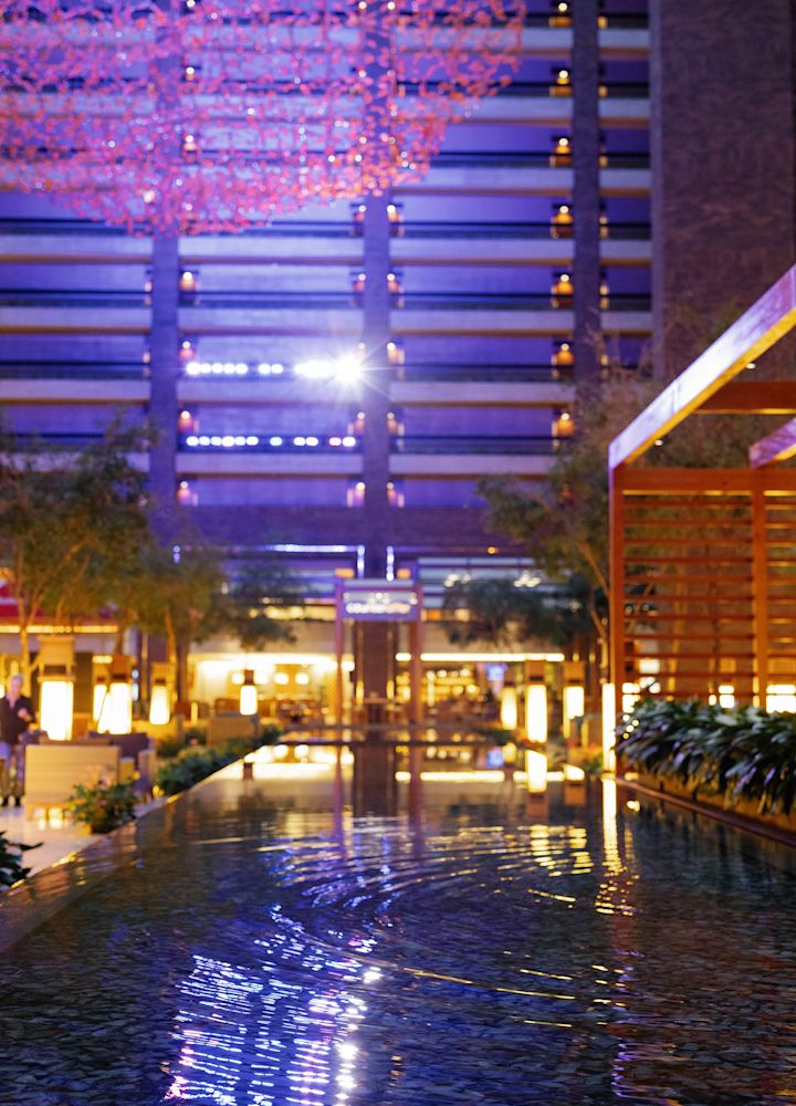 Outdoor water features at night