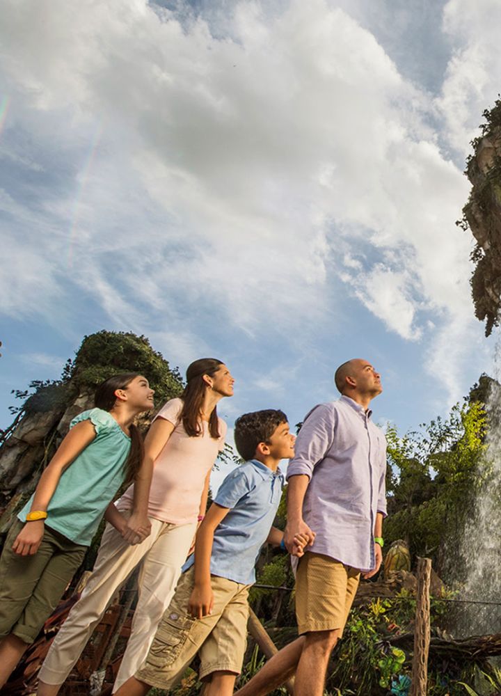 Family looking at large tree