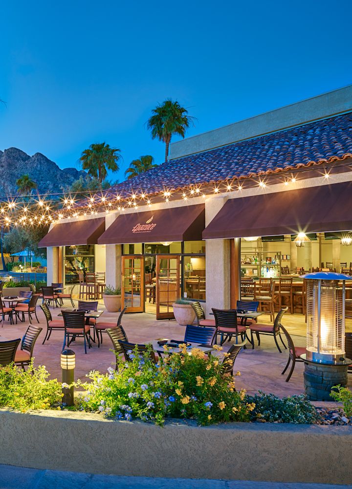 Epazote Patio Seating with Lights at Dusk