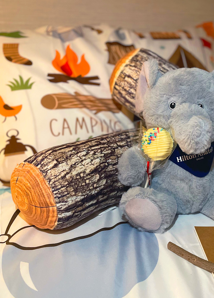stuffed elephant toy with lollipop, log pillows, pillow with camping logo
