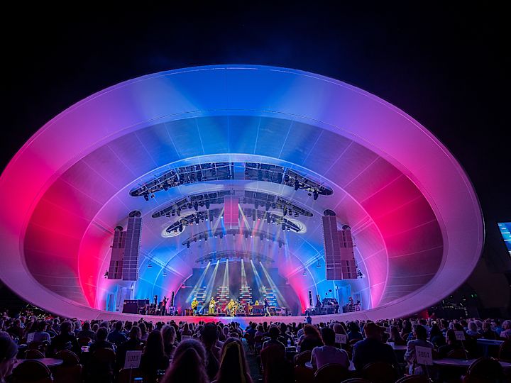 Rady Shell concert venue, band playing with red and blue lights