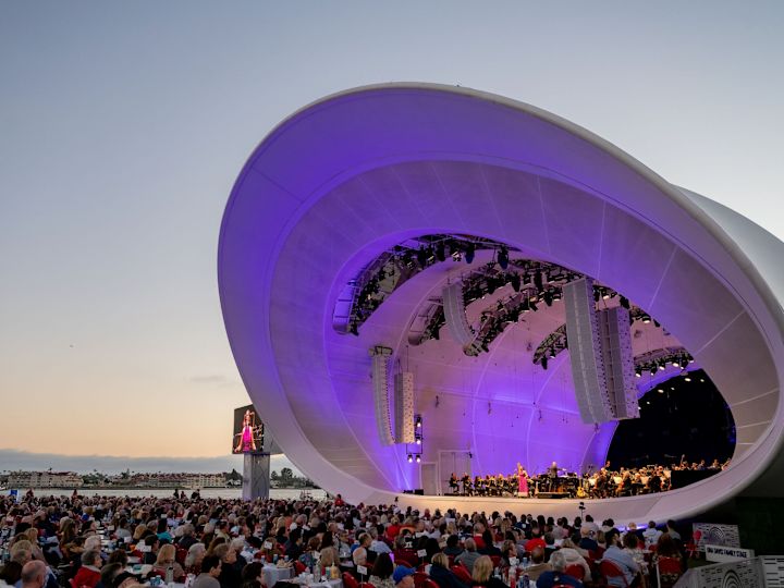 Rady Shell concert venue, orchestra playing, purple lights