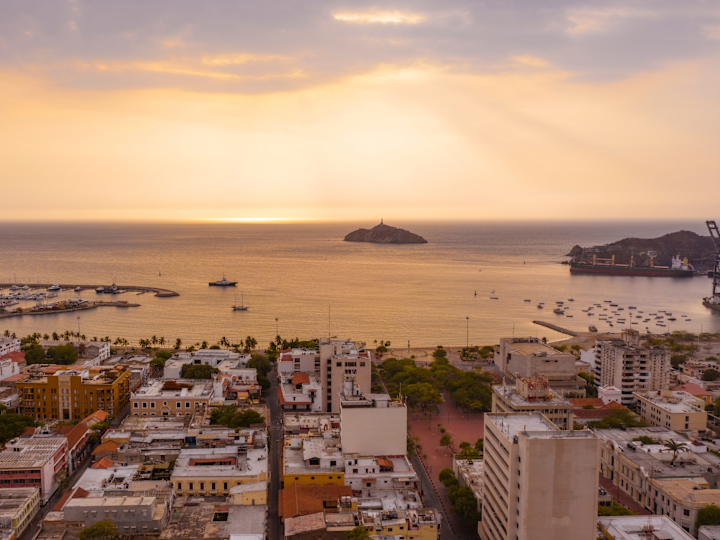 Aerial shot of city at sunset