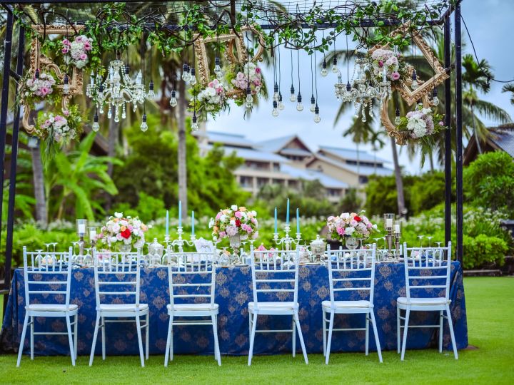 Dinner party set up in garden