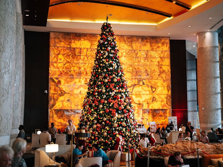 Large Christmas Tree Decorated in Hotel Lobby