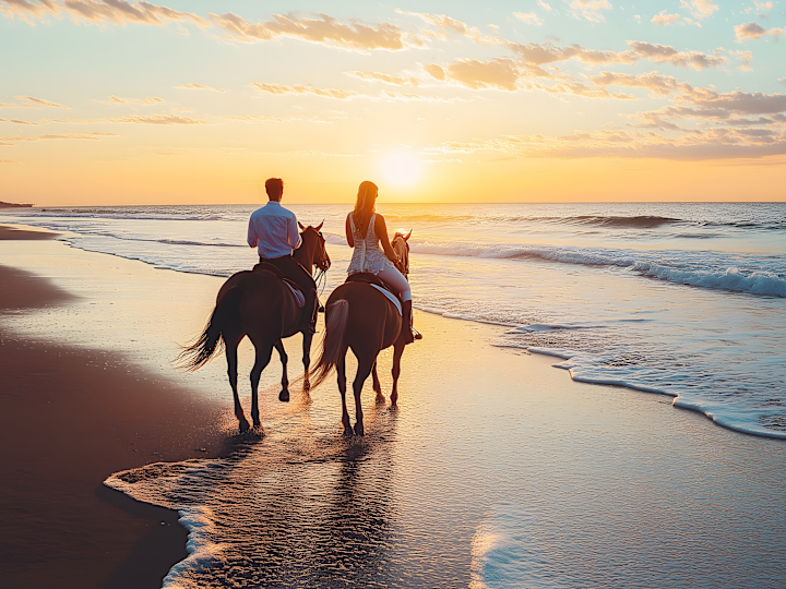 夕暮れ時のビーチでの乗馬