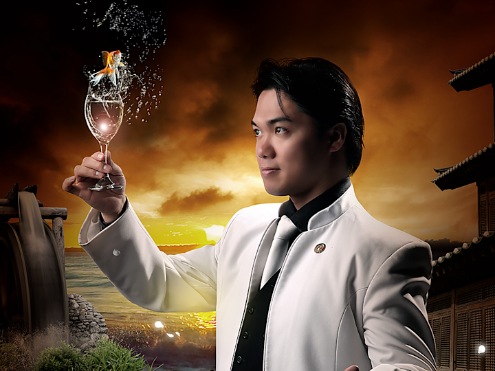 un mago sosteniendo una taza con un pez en un escenario