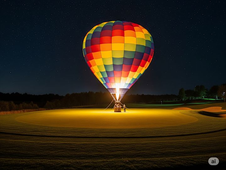 man standing by a rainbow color hot air balloon