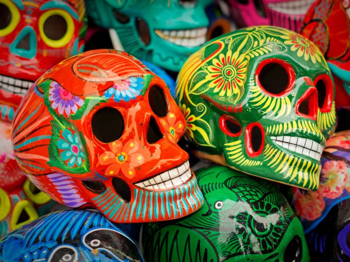 Close up of Dia de muertos skulls