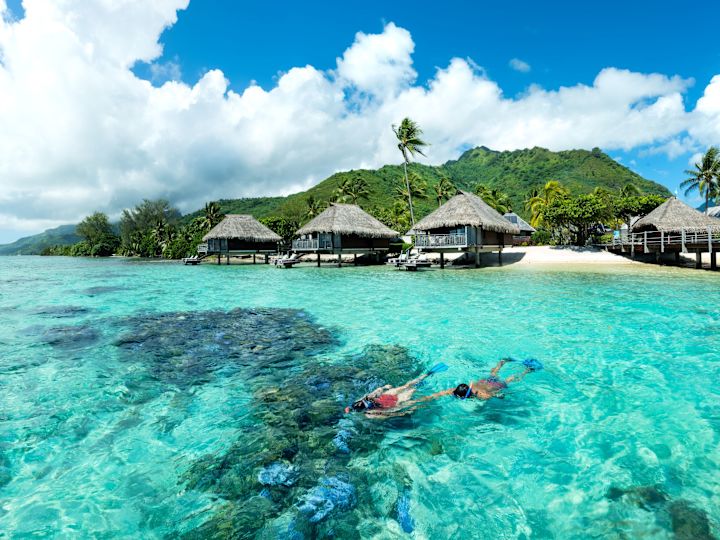 ラグーンで泳ぐ人々とバンガローの景色