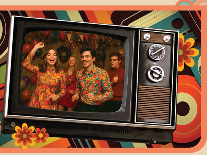 image of an old tv with guests dressed in retro clothing dancing