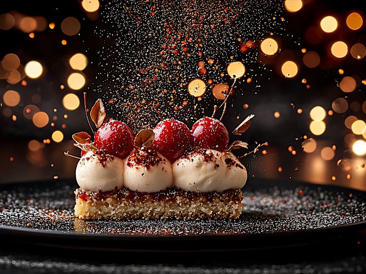 Nahaufnahme eines stilisierten Weihnachtsdesserts