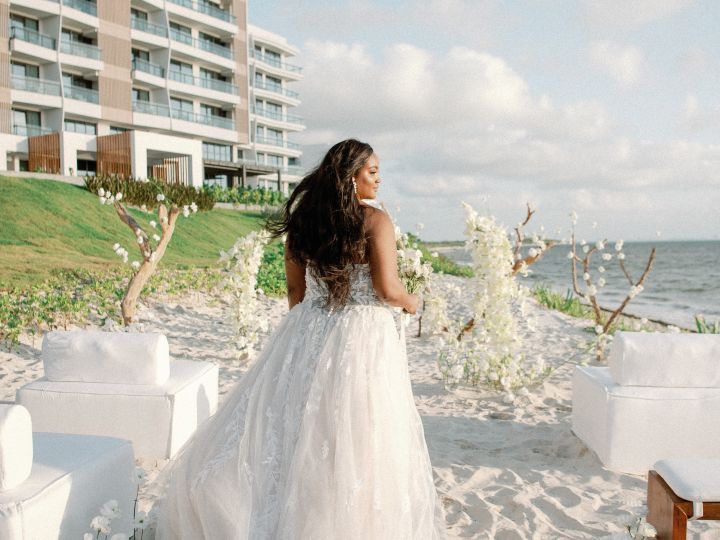 bride walking on beach