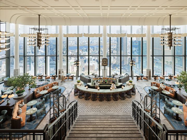 Peacock Alley, bar and lounge area, window view of the city