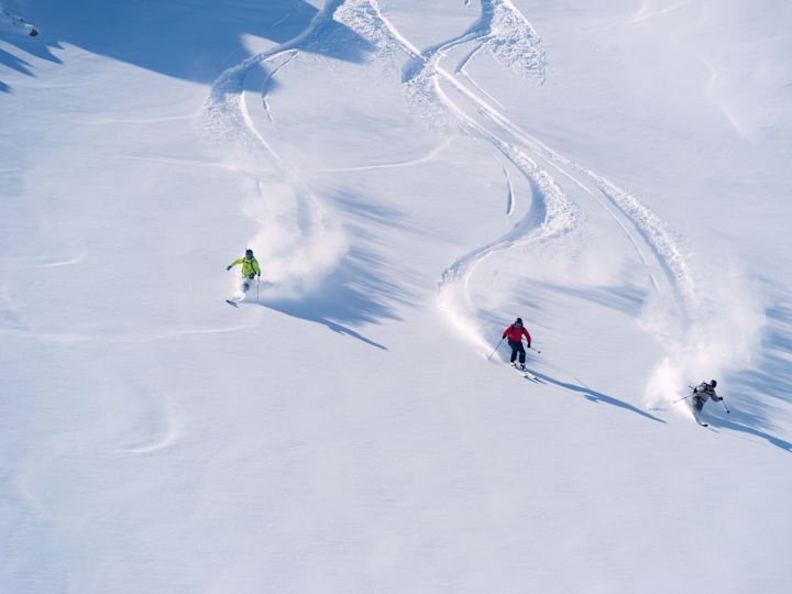 Oameni cu pudra de schi pe un munte