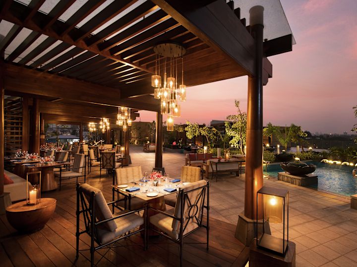 Outdoor Patio Dining Area at Dusk