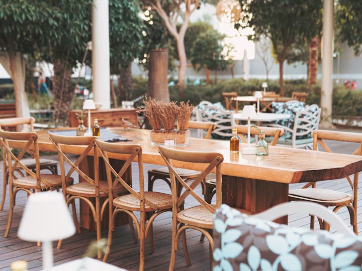 table and chairs set up outside
