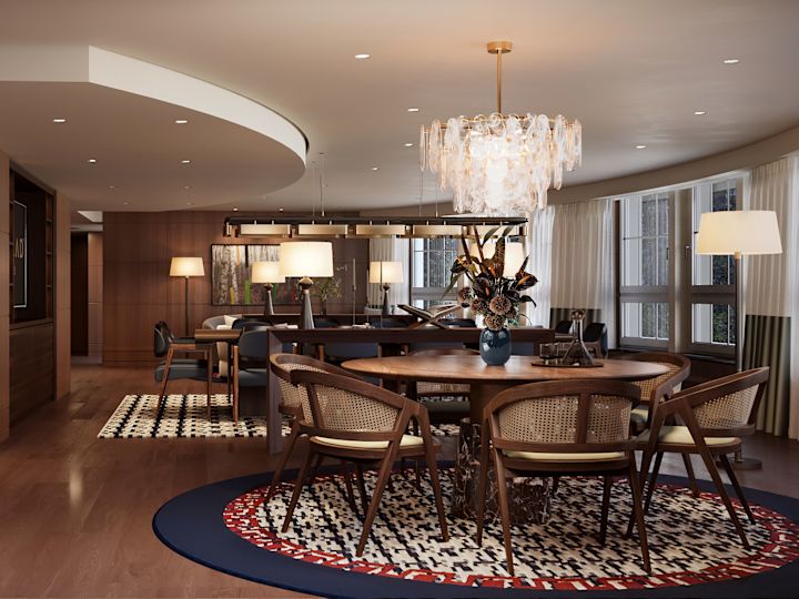 Пространство за срещи и събития с различни места за сядане, лампи и прозорци