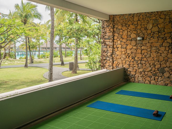Two Exercise Mats in a Fitness Center with Garden View