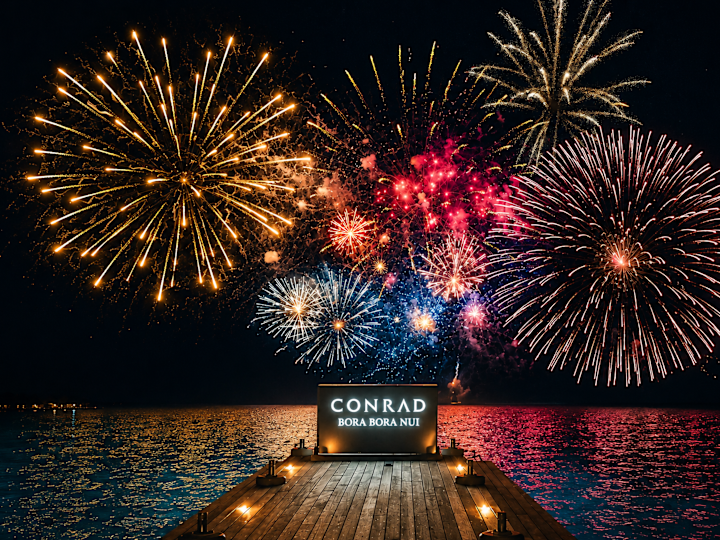 Fireworks Display on the Pier of Conrad Bora Bora Nui Hotel at Night