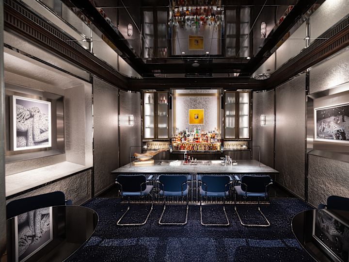 Bar area with tables, chairs and drinks