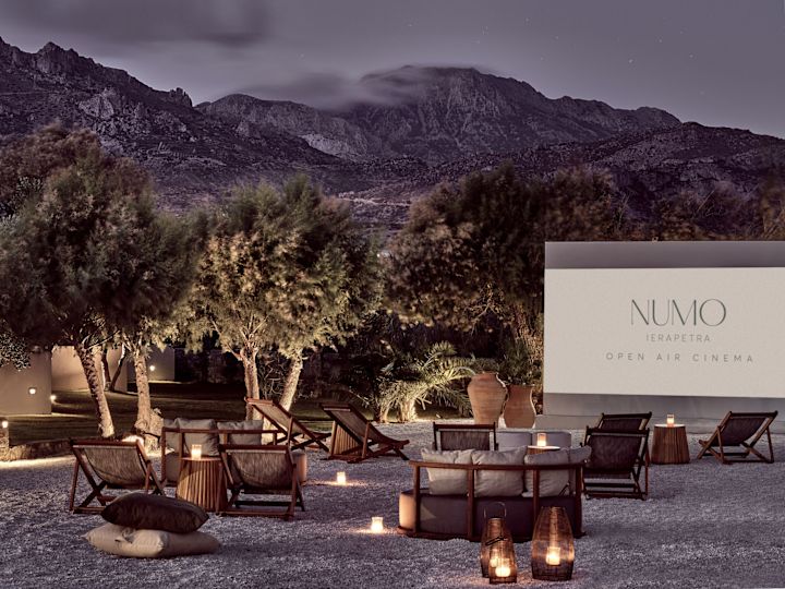 Outdoor Cinema Area with Trees and Mountains in Background