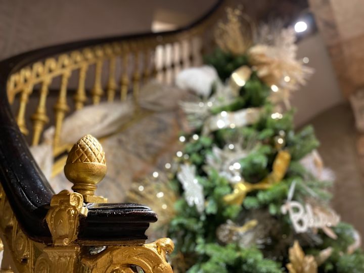 Detail of Staircase in Hotel Lobby Decorated for Christmas Festivities