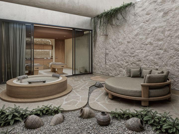 Couples treatment area with whirlpool tub