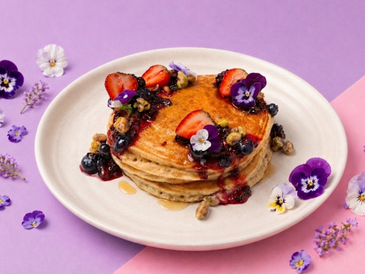 Pancakes with Berries and Edible Flowers for Breakfast