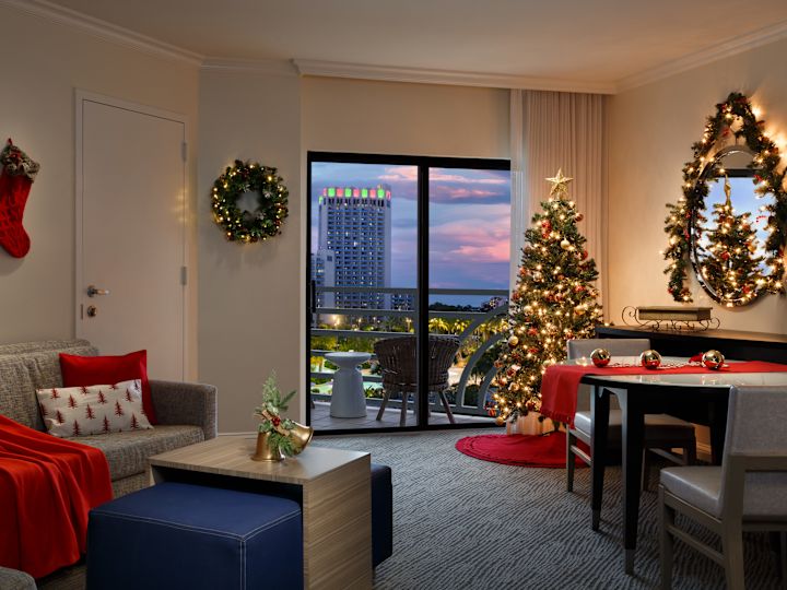 a Suite Living Area Decorated for Christmas