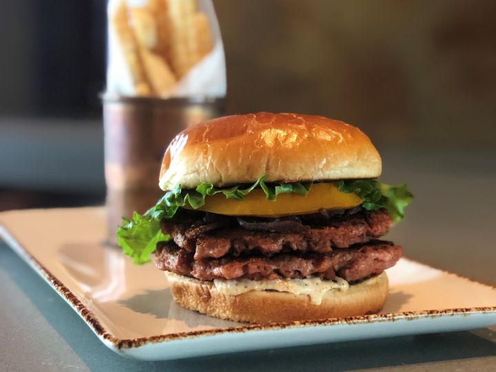 Burger and fries on a plate