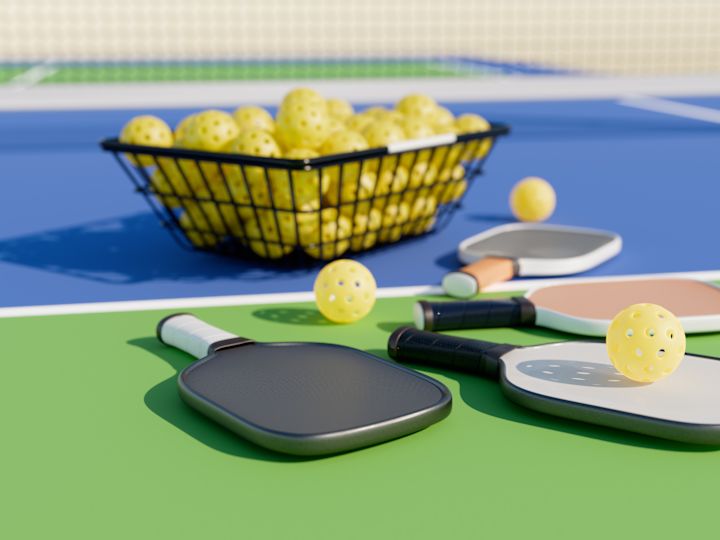 桌上的匹克球球拍和球