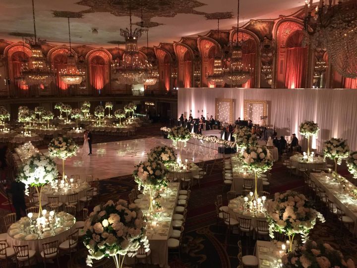 Aerial view ballroom wedding setup