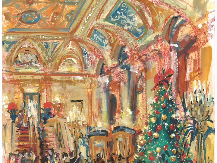Artwork showing people in a lobby area with Christmas tree