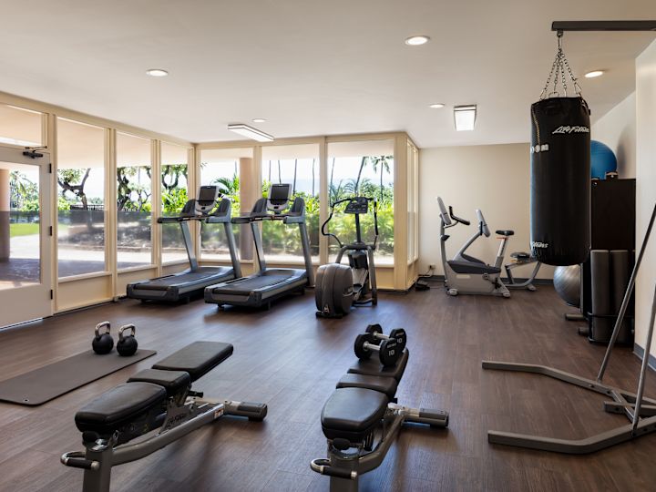 Fitness center with cardio machines and punch bag