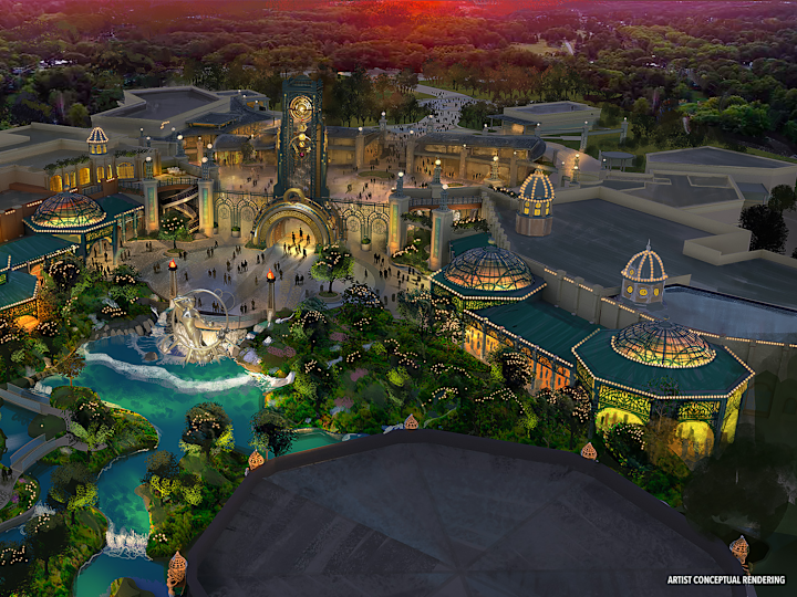 Entrance aerial view render at night